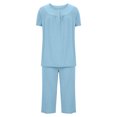 thumbnail image 5 of Feancey Women Pajamas Sets Short Sleeve Casual 2 Piece Pjs Set Front Pleated Button Blouse and Capri Pants Sleepwear Two Piece Loungewear Outfits Blue 3XL, 5 of 6