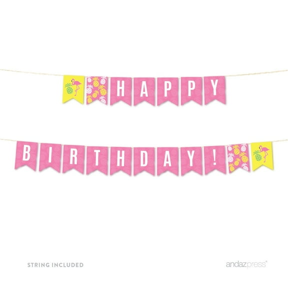 Birthday Hanging Pennant Party Banner with String, Happy Birthday! Pink Flamingo Party,  5-Feet, Includes String