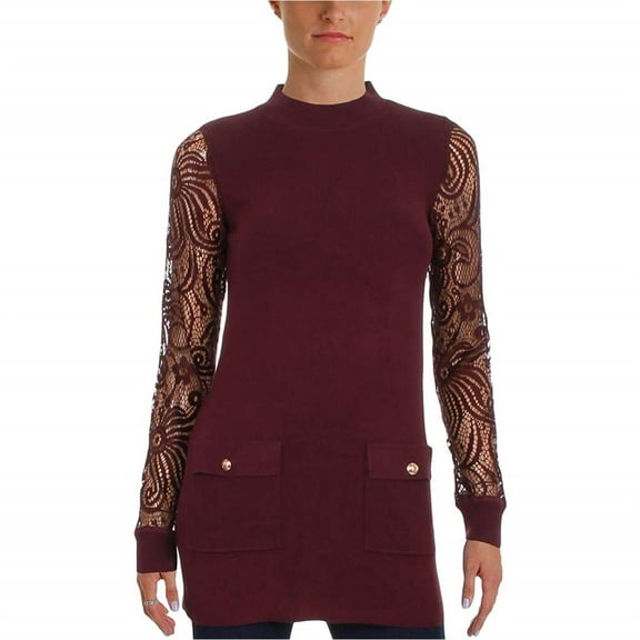I.N.C Womens Lace-Sleeve Knit Sweater, Red, X-Small