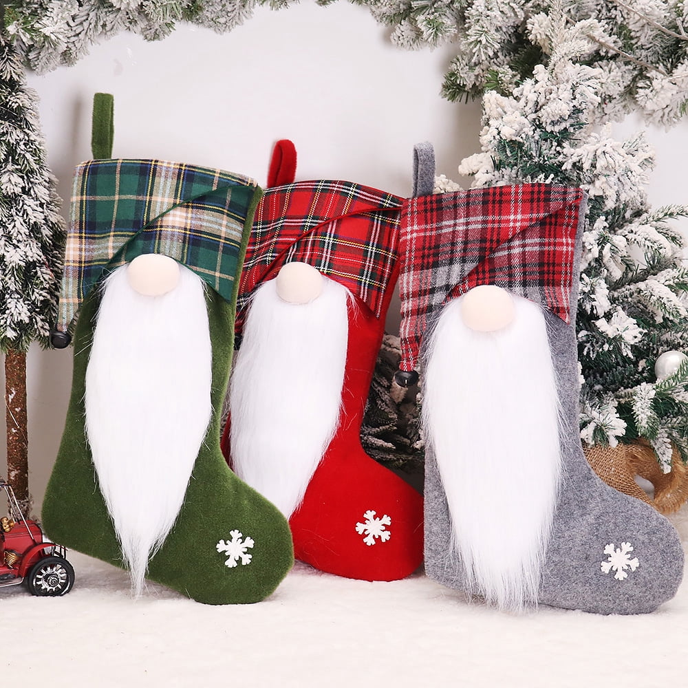 Dalrosia 3pcs Christmas Gnome Stockings, 3D Plush Swedish Gnome Stocking Fireplace Hanging Stockings Gift Bags for Xmas Holiday Decoration