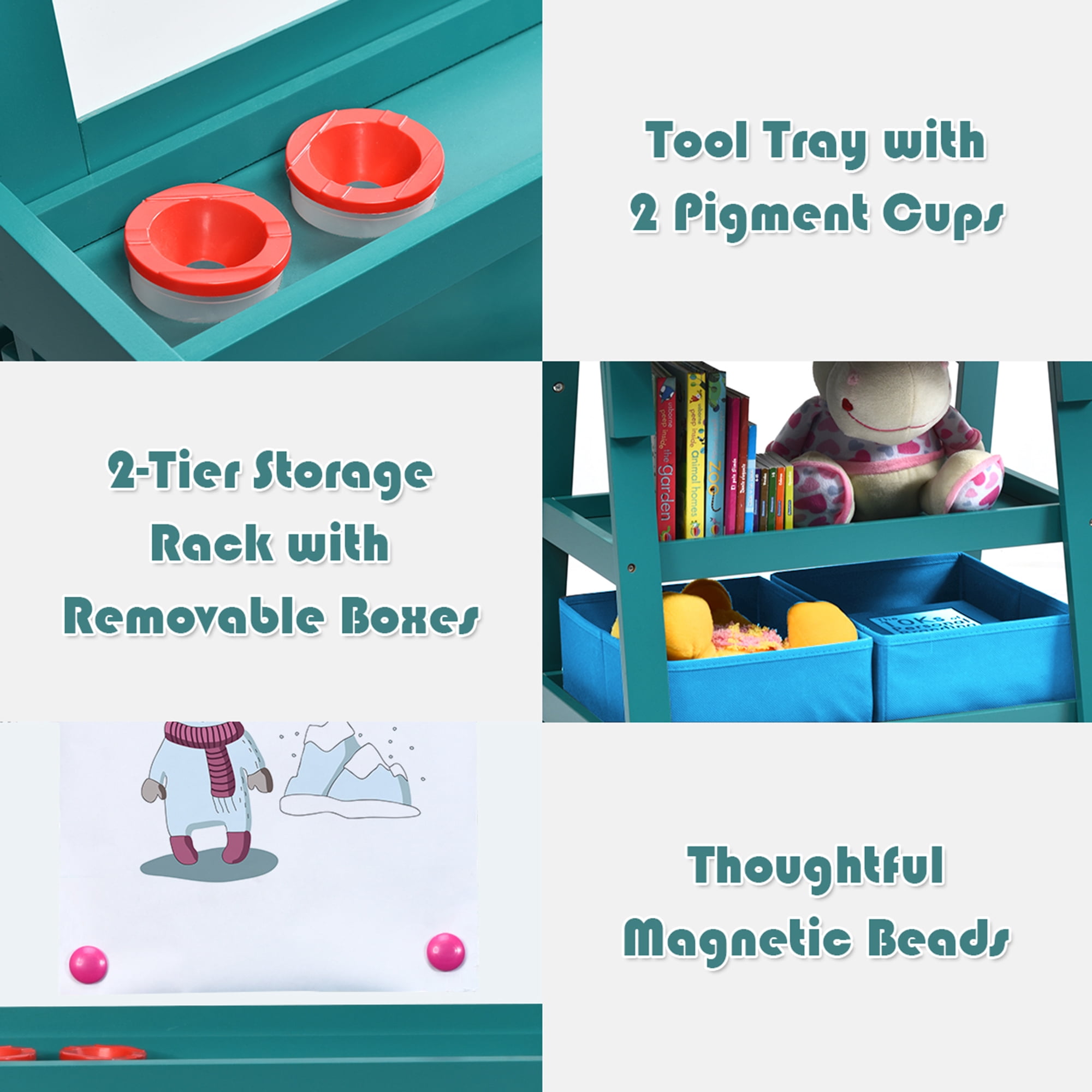 Gymax 3 in 1 Double-Sided Storage Art Easel w/Paint Cups for Kid Writing Teal Frosting