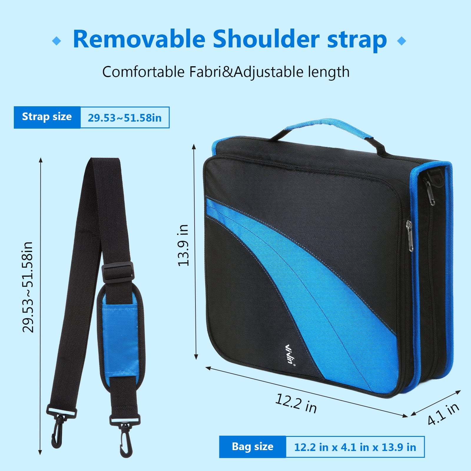 ViVin Zipper Binder 2 Inch O-Ring 450 Sheet Capacity, Multiple Tap Zip Pockets, Office Supplies, Blue