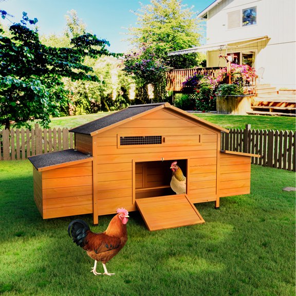 Large Wooden Chicken Coop with Nesting Box, Outdoor Hen House Chicken Cage with Secure Lock, Ventilated Hen House with Perch & Pull-Out Tray for Easy Cleaning, Brick Red