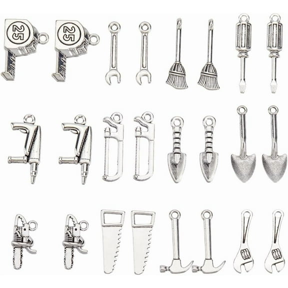 1 Box 96Pcs 12 Styles Mini Tool Charms Building Tools Charms Silver Alloy 3D Saw Hammer Shovel Wrench Dangle Pendants for DIY Necklace Bracelet Earrings Jewelry Making and Crafting
