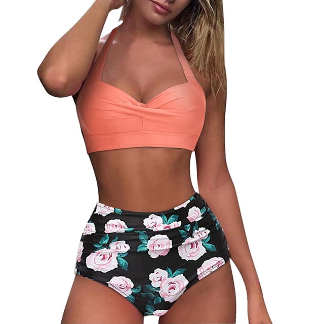 Women Vintage Swimsuit Two Piece Retro Halter Ruched High Waist Print Bikini Set