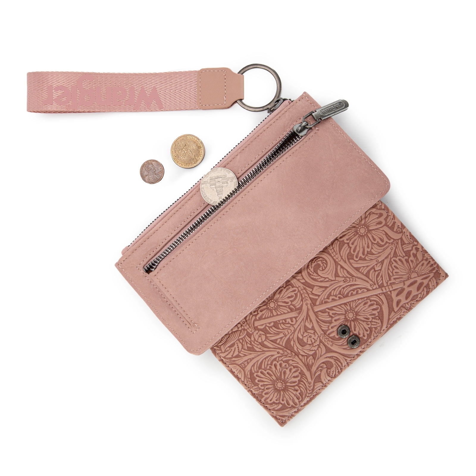 Wrangler Wristlet Wallet for Women RFID Blocking Bifold Wallets Card Cases & Money Organizers Clutch Wallets with Coin Purse, Dark Pink