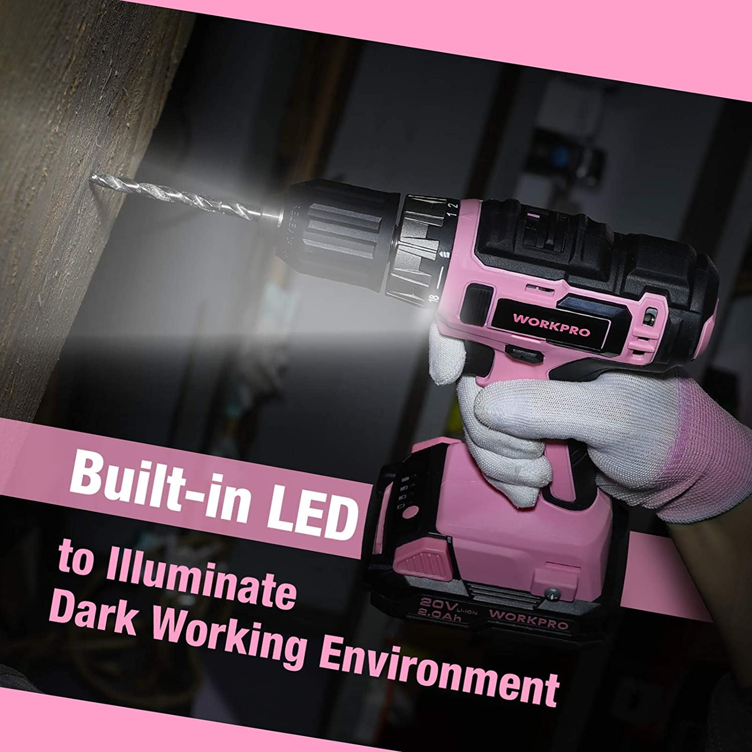 WORKPRO 20V Pink Cordless Drill Driver Set, 3/8” Keyless Chuck, 2.0 Ah Li-Ion Battery, 1 Hour Fast Charger and 11-inch Storage Bag Included