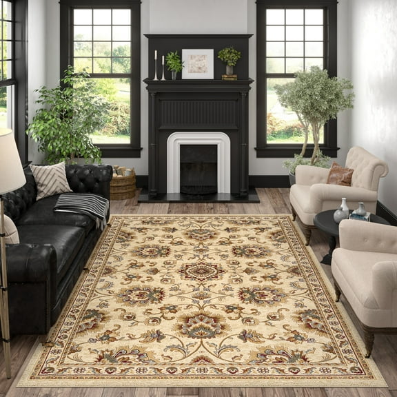 Sensation Traditional 5' x 7' Ivory and Gold Polypropylene Indoor Area Rug