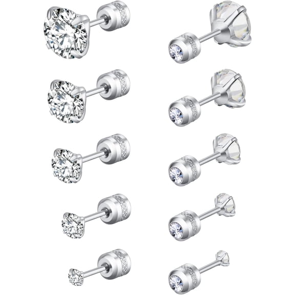 5 Pairs Stud Earrings Colorful Cubic Zirconia Stainless Steel Stud Earring Hypoallergenic Screw Back Earrings Double Side Piercing Earrings Gifts for Women Mother's Day