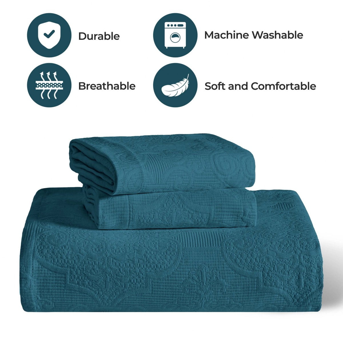 Superior 3-Piece Florin Cotton Matelasse Deep Sea Bedspread Set, Full
