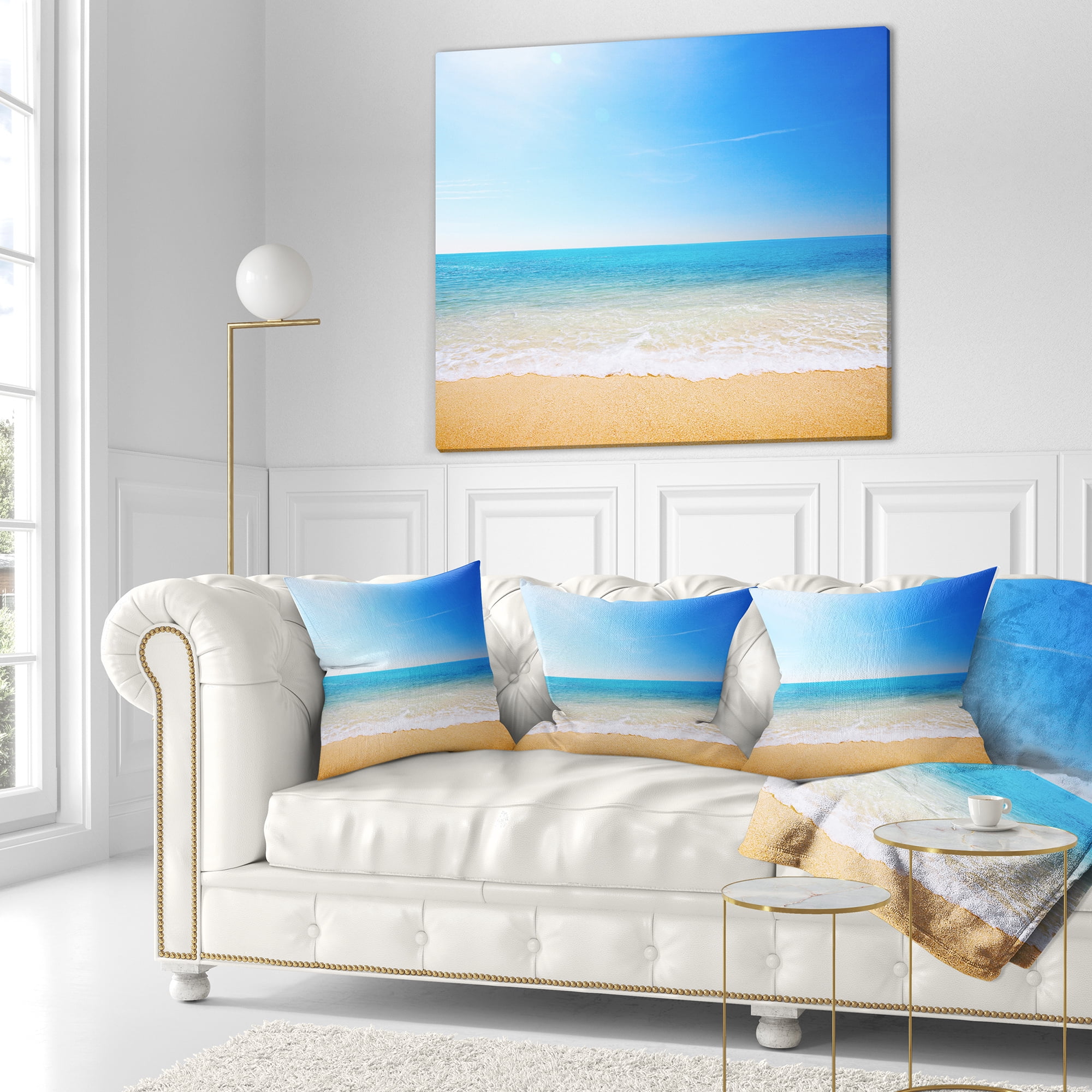 Designart Blue Waves at Tropical Beach - Seashore Photo Throw Pillow - 18x18