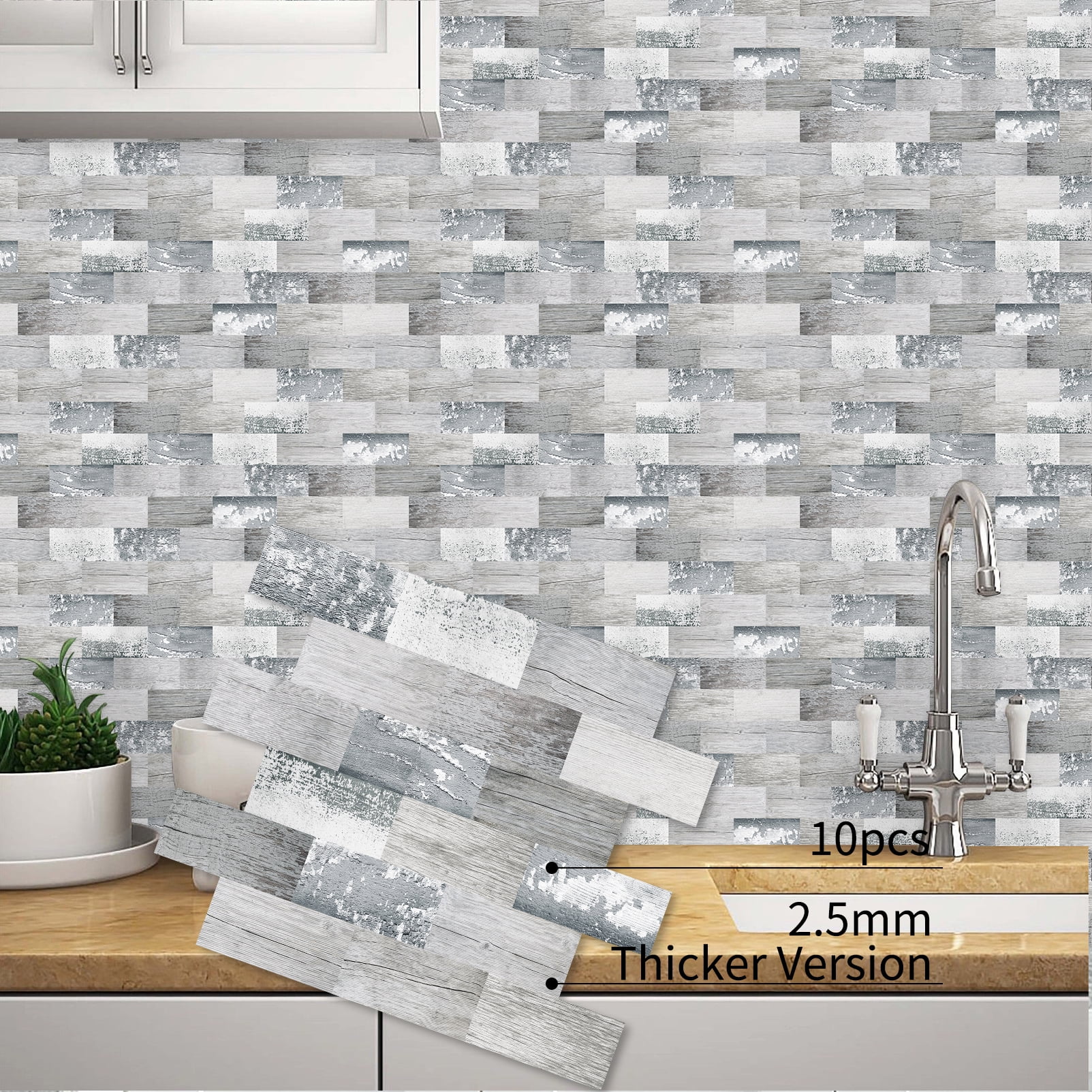 DEWOO 10-Sheet Peel and Stick Backsplash Wall Tile Self Adhesive, Stickon Tile for Kitchen Backplash, Bathroom Vanities, Fireplace Decor, Laundry Table, Stair Decals in Spruce Grey Rustic