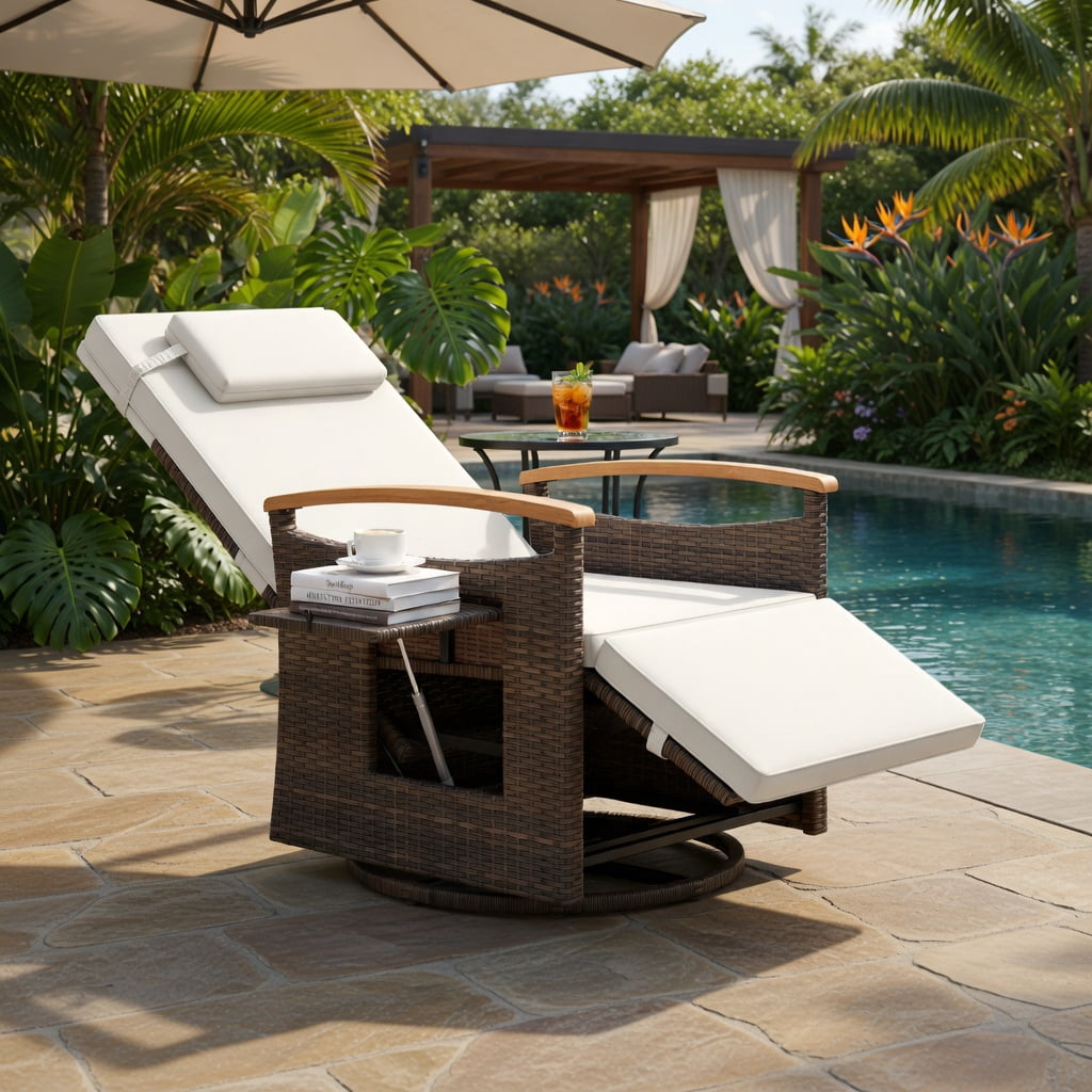 Hommoo 360° Swivel Outdoor Recliner Chair with Adjustable Backrest & Footrest, PE Rattan Patio Seating for Backyard, Porch, Poolside, White