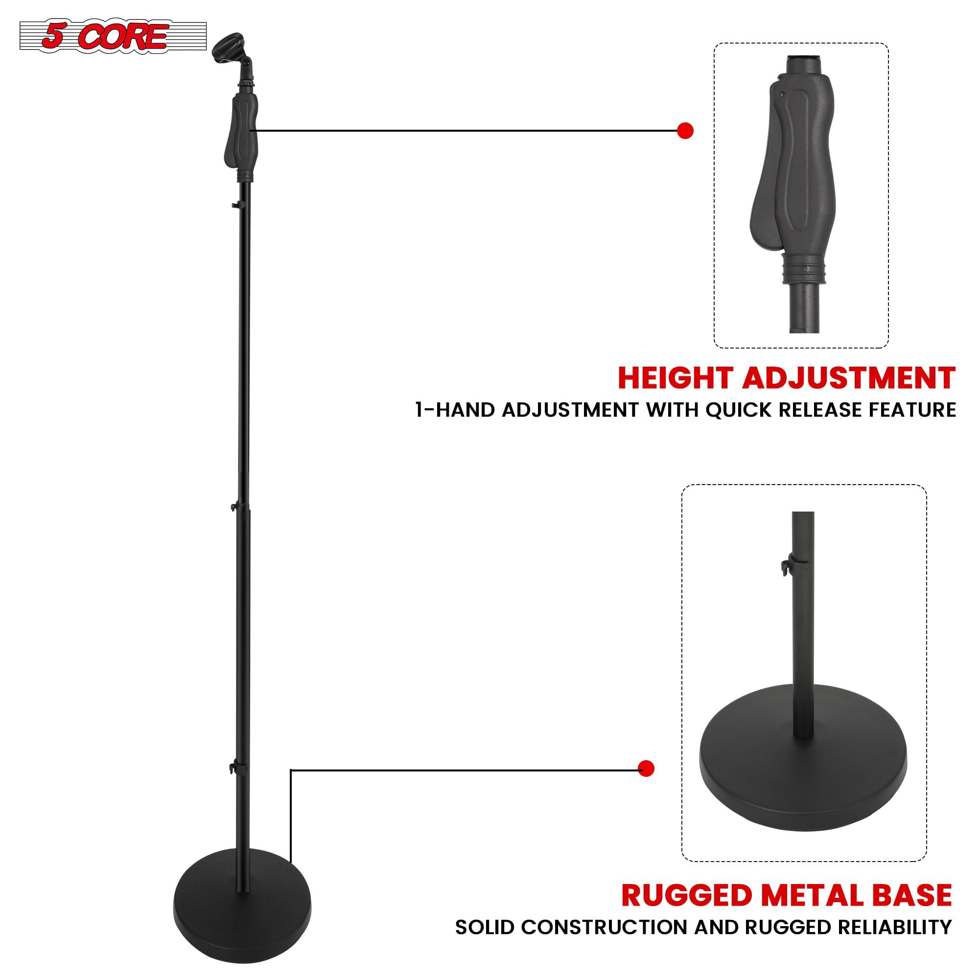 2Pcs Heavy Duty Adjustable Floor Mic Stand (35-57") w/Quick-Setting Knob & Accessories - 10" Base, 2 Clips, Wire Management