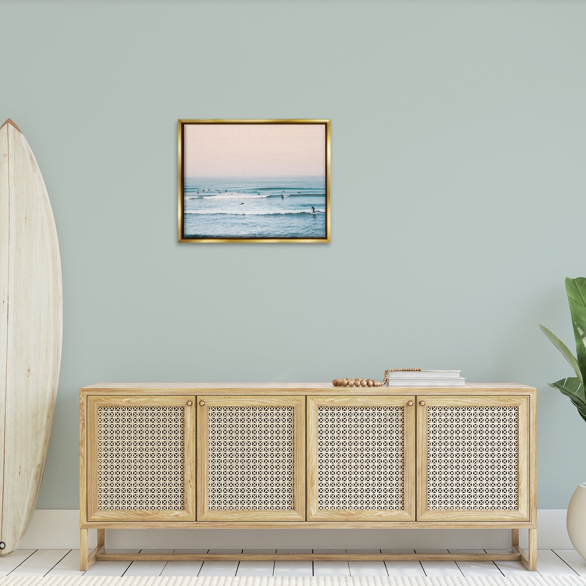 Stupell Industries Pastel Surfer Scene Sports Photography Gold Floater Framed Canvas Art Print Wall Art, 31 x 25