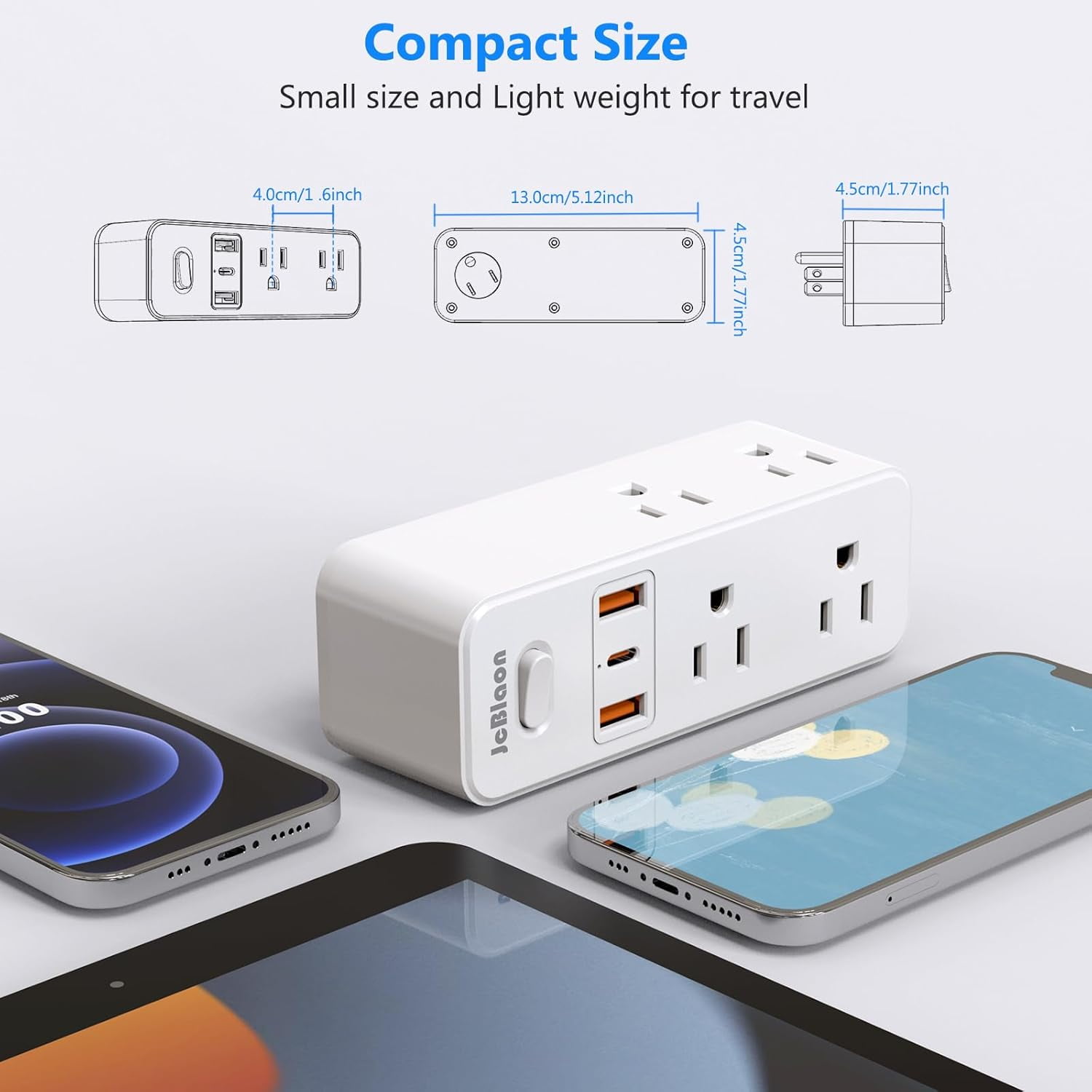 JcBlaon Power Strip Surge Protector Adapter, 6 AC Outlets 3 USB Ports Outlet Extender, White