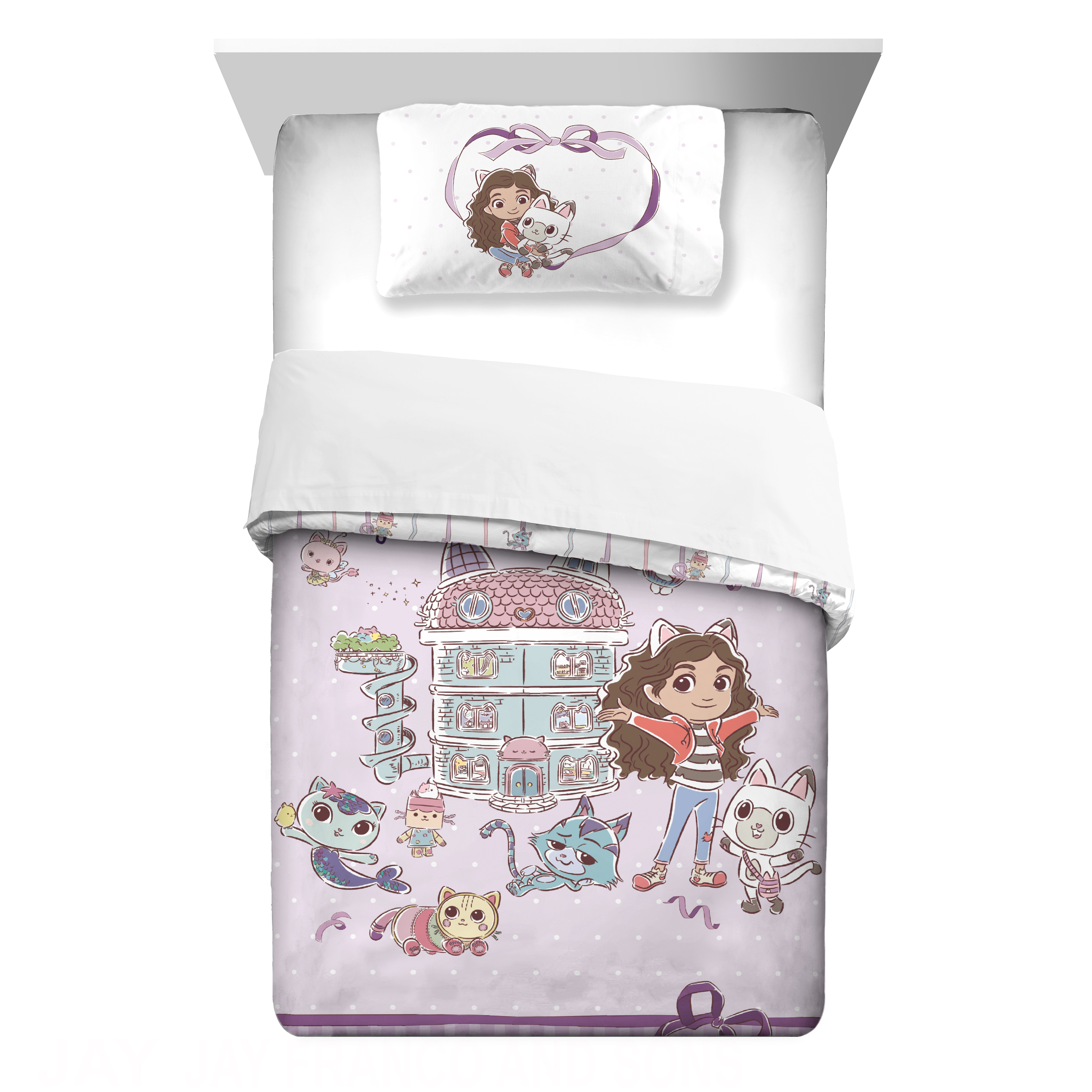 Gabby's Dollhouse Kids 2 Piece Purple Reversible Comforter and Pillowcase set, Twin/full