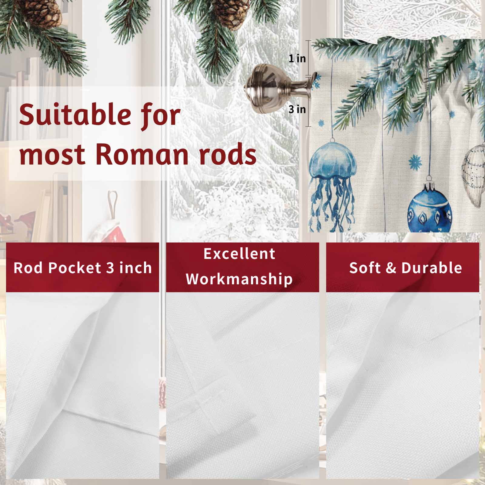 Christmas Bell Starfish Shells Pine Needles Valances for Windows,Kitchen Valance Rod Pocket Short Curtain,Xmas Snowflakes Retro Linen Valance Curtain Window Valances for Bedroom 54x18in