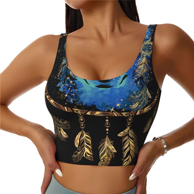 Balery Wolf Head And Dreamcatcher Sujetadores deportivos con espalda cruzada para mujer, acolchados, sin costuras, de alto impacto, ideales para yoga, gimnasio, entrenamiento y fitness.-Small