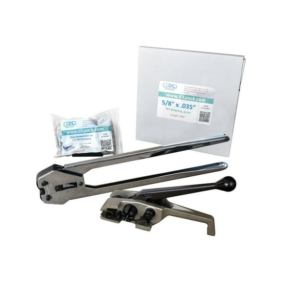 IDL Packaging 5/8" x 200' PRO Polyester (PET) Strapping Kit, 1400 lbs. Break Strength - Include Consumables for up to 100 Strapping Cycles