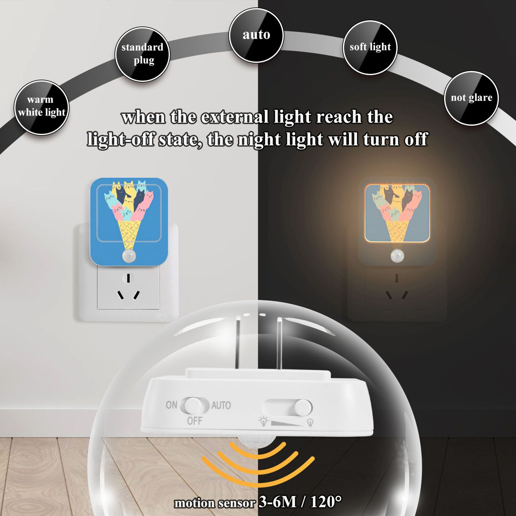 Yayeee LED Night Lights with Motion Detectors Auto Dusk to Dawn Light Sensors, 2 Pack, Colorful Ice Cream Cat