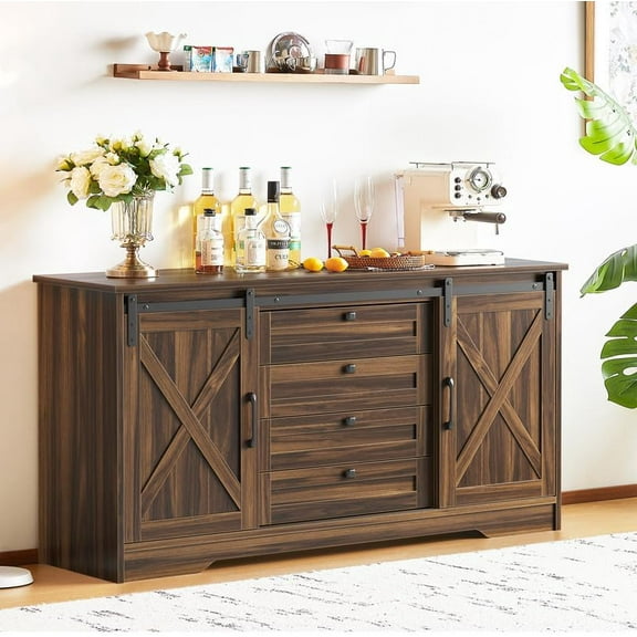 Luoxiao Farmhouse Sideboard Buffet Cabinet with Storage 55" Large Kitchen Wood Storage Cabinet w/4 Drawers and Sliding Barn Doors Coffee Bar Cabinet Table for Living Room Dining Room Hallway Dark Oak