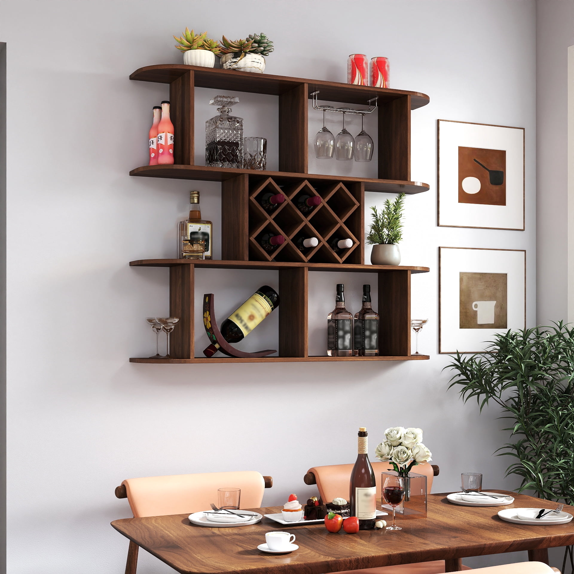 Mintazer 3 Tier Wall Mounted Wine Rack with Glass Holder, Wine Storage Rack for Home Bar Dining Room, Walnut