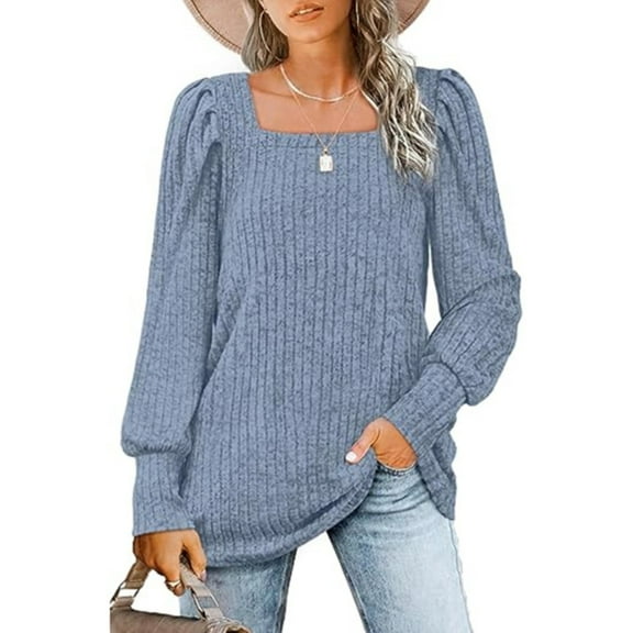 Baqcunre Long Sleeve T Shirt Ladies Square Neck Long Sleeve Solid Color T Shirt Fashion Casual Puff Sleeve Top Crewneck Sweatshirts Womens Tops Blue L