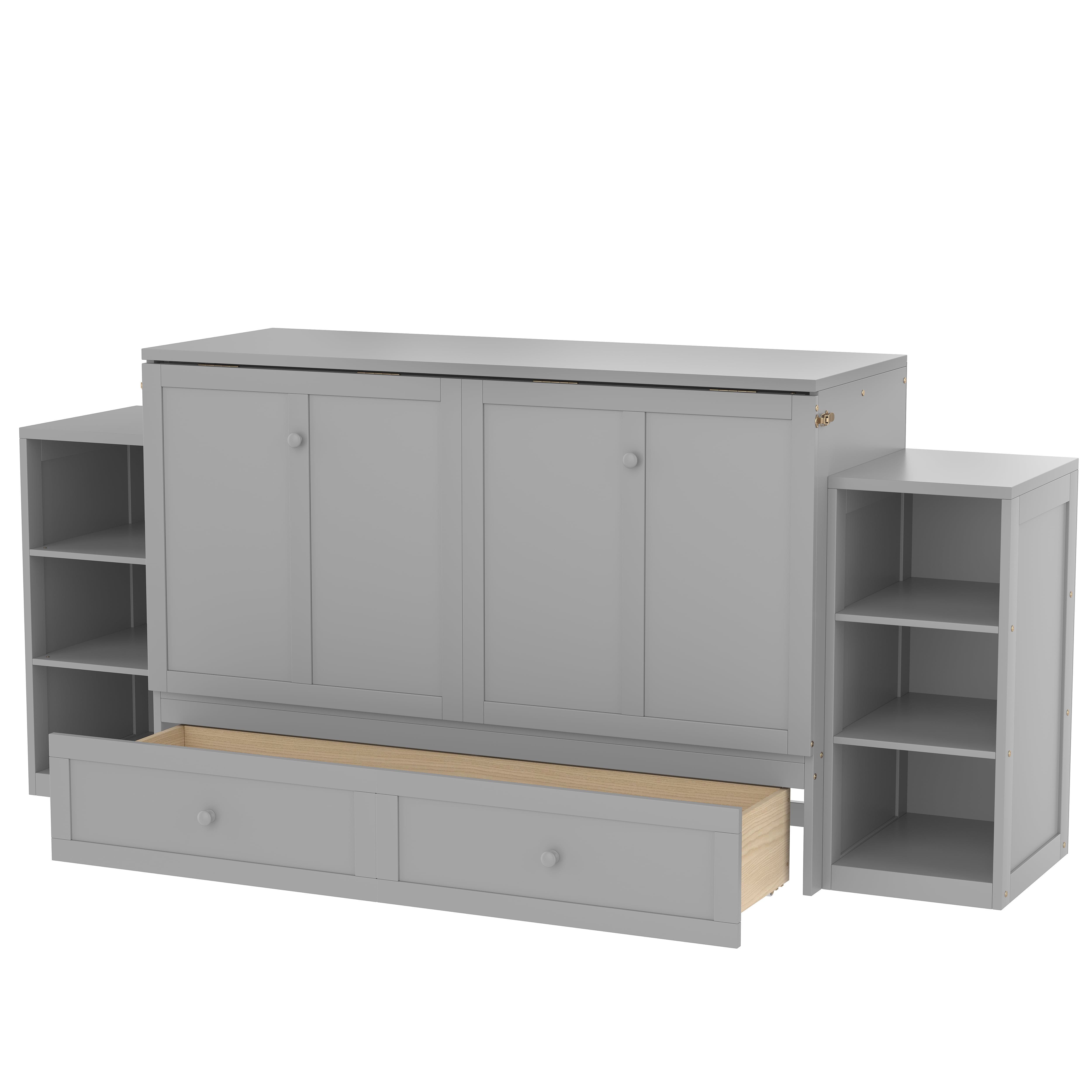 Mintazer Queen Size Murphy Bed with 6 Side Shelves & 2 Drawers, Modern Foldable Cabinet Bed for Bedroom Apartment Guest Room, Gray