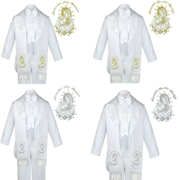 6pc Baptism White Tuxedo English Spanish Silver Gold Pope Santa Maria Mary Stole