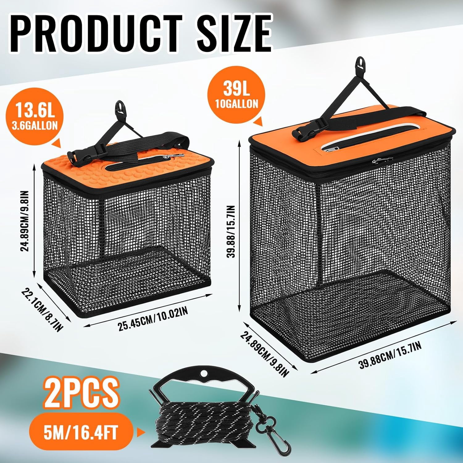 2 Pcs Floating Fishing Basket for Caught Fish 3.5 Gallons /10 Gallons Collapsible Fishing Net Foldable Minnow Bucket Holder Portable Rubber Coated Bait Storage Cage for Live Minnows Crayfish