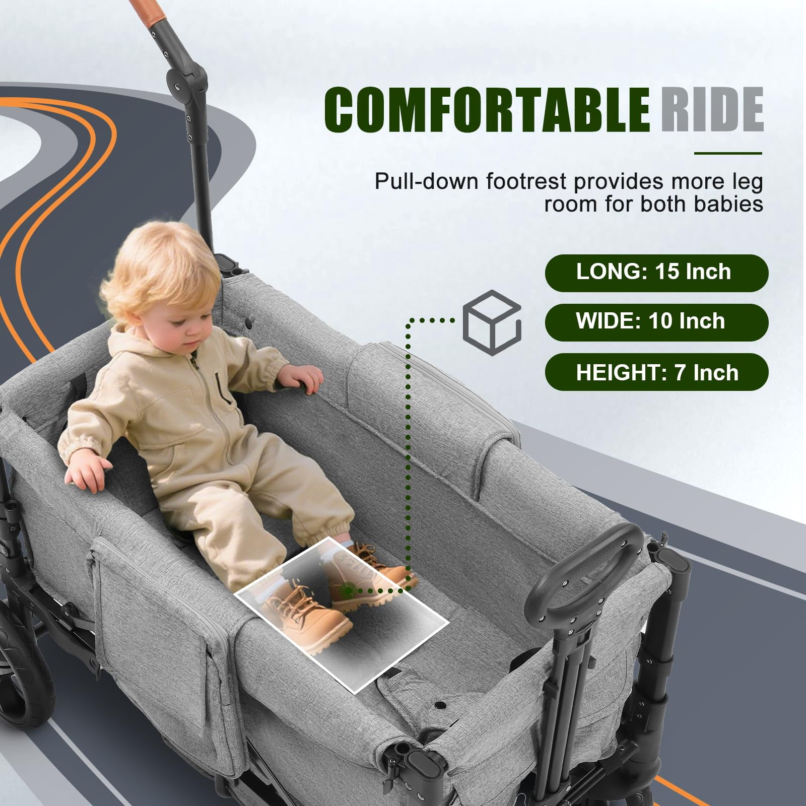 Wagon Stroller for 2 Kids, 3 in 1 Push and Pull Foldable Wagon with Footwell, All-Terrian Wheels, Includes Adjustable Canopy, Ample Organizer, 5 Point Harness (Black)