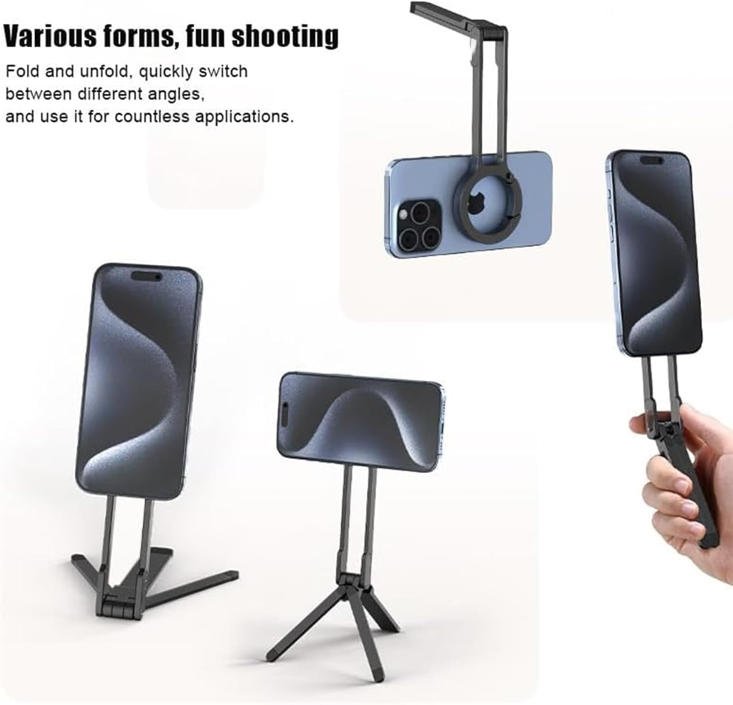 Magnetic Phone Tripod for iPhone, Ma38 Portable Phone Holder Mini Tripod for Magsafe, Ma 38 Aluminium Double-Sid Stand with Strong Magnets & Foldable Hook, 180° Rotation Cold Shoe Mount Silver 2PCS