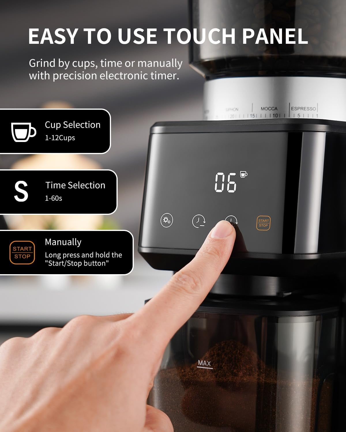 GDOR Conical Burr Espresso Coffee Grinder Electric with Precision Timer 2.0, Touchscreen Adjustable Burr Mill with 51 Precise Settings for Home Use, Anti-static, Stainless Steel