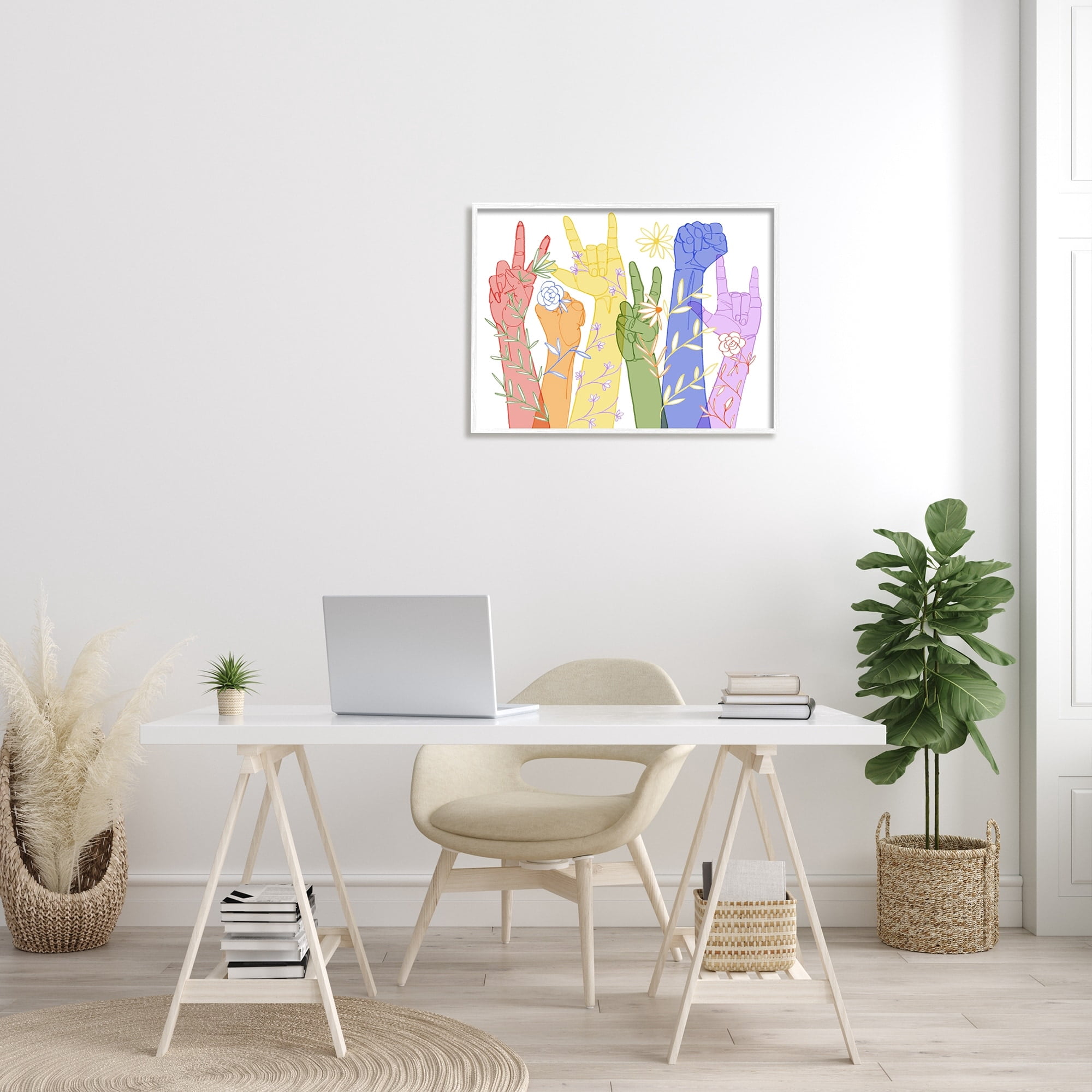Stupell Industries Rainbow Peace Love Caring Hand Signs ASL Graphic Art White Framed Art Print Wall Art, 24x30, by Grace Popp