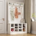 thumbnail image 3 of Homsee Modern Hall Tree with Storage Bench, 4-in-1 Entryway Bench with Coat Rack, Tall Hall Tree with 7 Metal Hooks, Shelves & 10 Cubes for Hallway, Living Room, White (39.4”L x 15.7”W x 68.5”H), 3 of 7