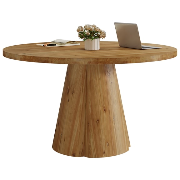 Tribesigns 47.24" Solid Wood Conference Table, Rustic Round Meeting Table with Wooden Pedestal Base for 4-6 People, Small Seminar Table for Break Room, Office, Office Desk, Easy Assembly