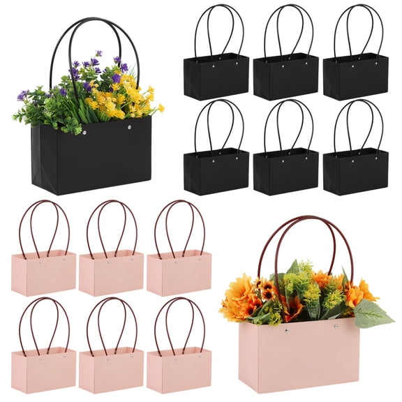 12 Pcs Kraft Paper Flower Gift Bags, Rectangle Paper Bags for Flower Bouquet with Handles, Waterproof Bouquet Gift Boxes DIY Bouquet Bags for Flowers Packaging