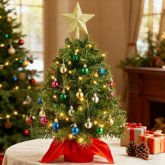 Joyfy 24"/2.4 FT Tabletop Small Christmas Tree with Lights, Prelit Artificial Mini Xmas Tree Set with Star and Ornaments for Party Decorations
