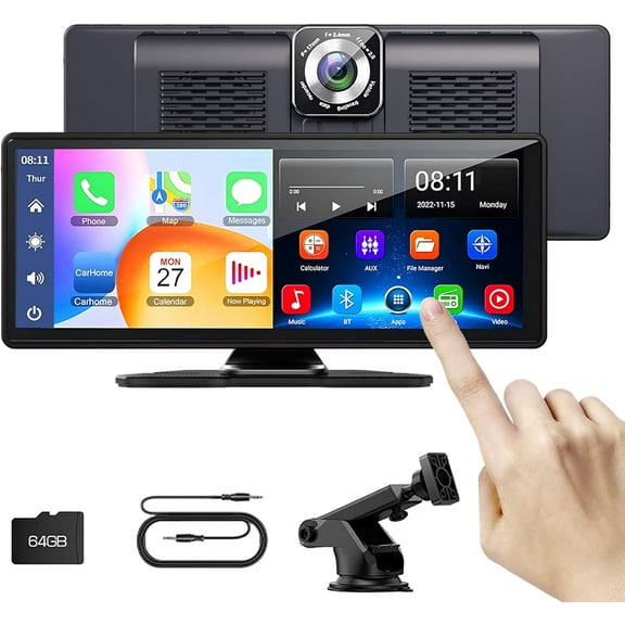 GTOTTOIND 10.26" Portable Car Stereo with CarPlay, Front Dash Cam and 1080P Backup Camera