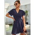 thumbnail image 3 of Navy Blue Polka Dot Side Wrap A-Line Short Dress With V-Neck And Flared Ruffle Sleeves For Women, 3 of 5