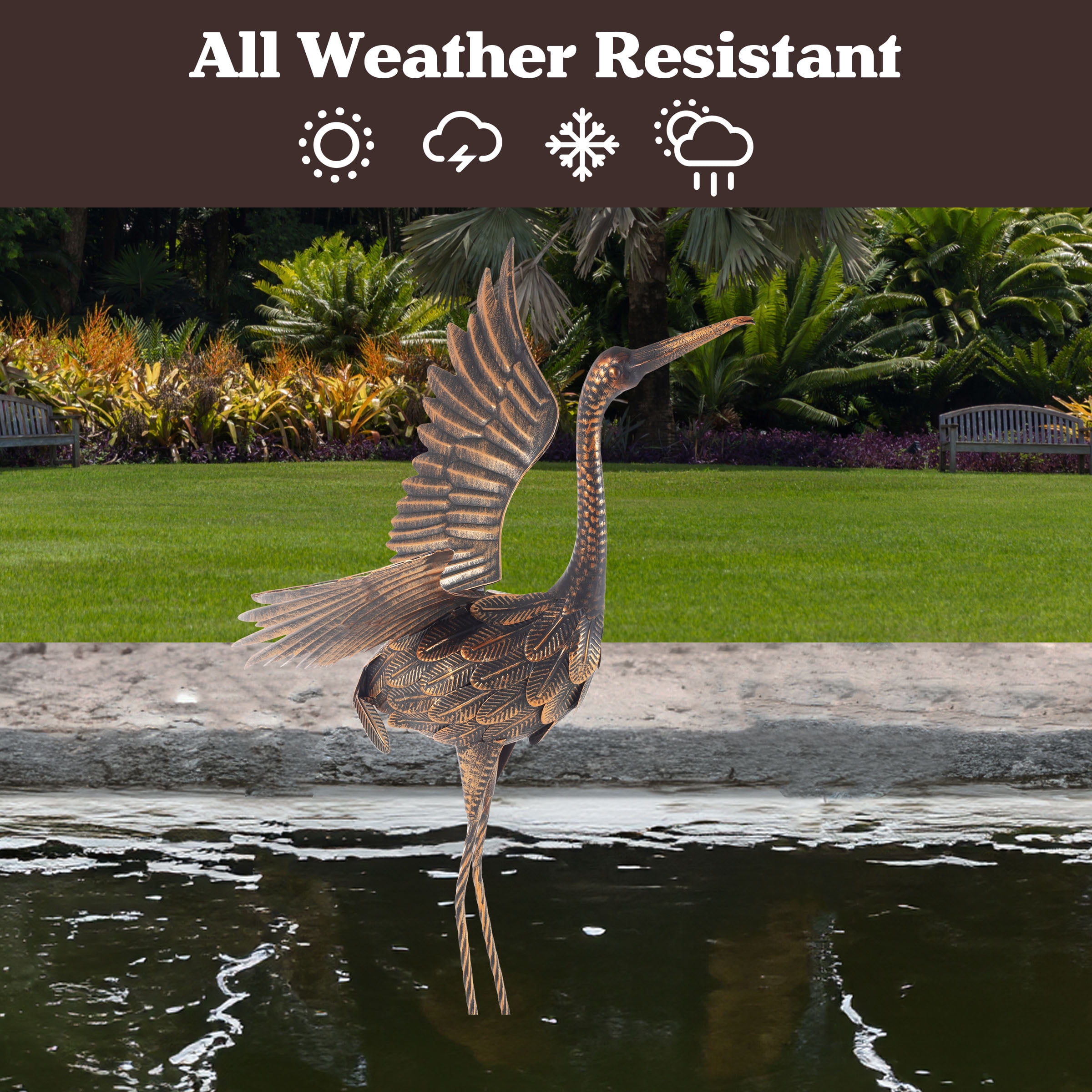 Pure Garden 35-Inch Metal Yard Art Flying Crane Garden Statue Outdoor Décor