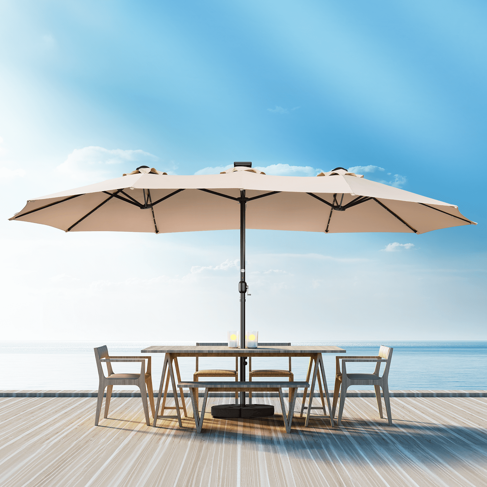TASKBAY 15ft Patio Umbrella with Solar Lights, Double Sided Large Rectangular Outdoor Umbrella with Crank Handle for Backyard, Pool, Deck, Garden, Beige (Base Included)