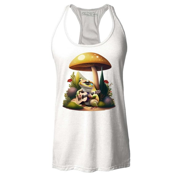 Shop4Ever Women's Frog Playing Guitar Mushroom Cottagecore Racerback Tank Top X-Small White