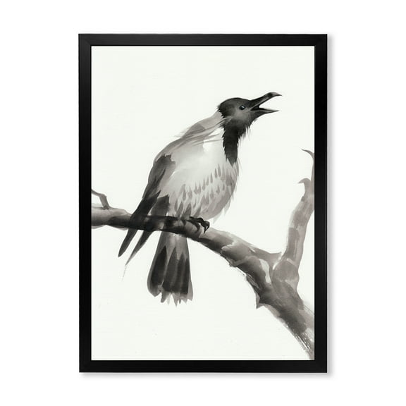 Designart 'Monochrome Crying Crow On A Branch' Traditional Framed Art Print