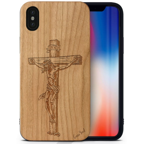 Case Yard Wooden Case Outside Soft TPU Silicone, Slim Fit Shockproof Wood Protective Phone Cover for Girls Boys Men and Women, Supports Wireless Charging Jesus Cross Design case for iPhone-XS-Max