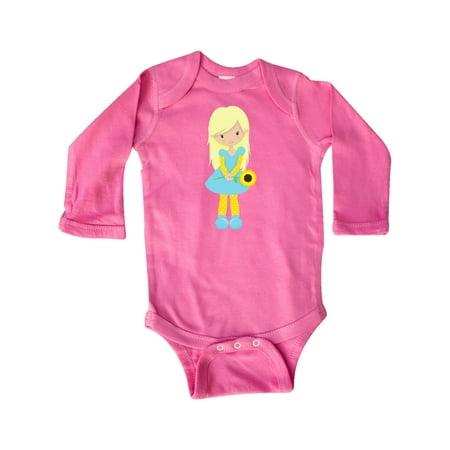 

Inktastic Sunflower Girl Blonde Hair Blue Dress Flower Gift Baby Girl Long Sleeve Bodysuit