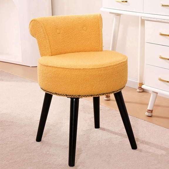 Teddy Vanity Chair with Back Tufted Low Back Makeup Stool Wooden Legs Modern Dressing Table Stool for Bedroom Bathroom (Yellow)
