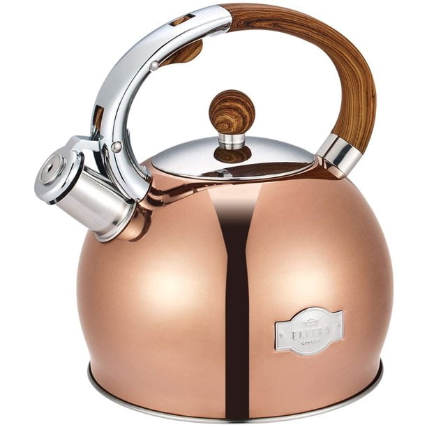 Elitra Stove Top Whistling Fancy Kettle - Stainless Steel Tea Pot with Ergonomic Handle - 2.7 qt / 2.6 L - Rose Gold, Size: Large