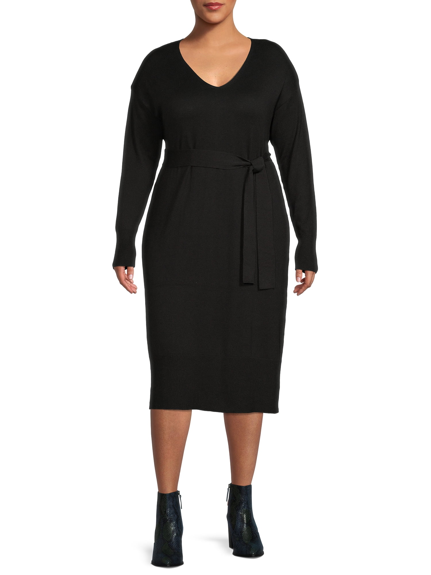 Terra & Sky Women's Plus Size Belted Sweater Dress - Walmart.com